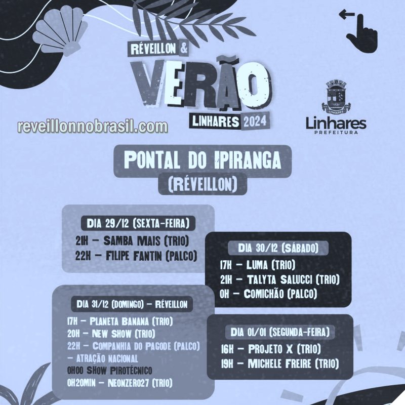 Linhares Réveillon 2024 no litoral capixaba : shows e queima de fogos no Pontal do Ipiranga, Regência e Povoação